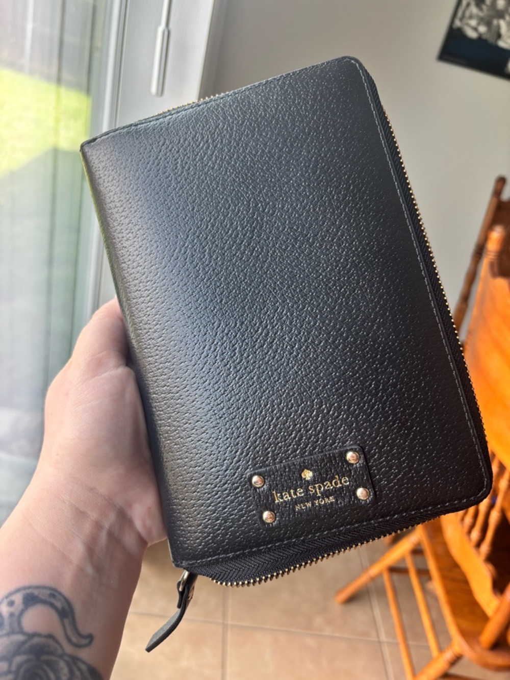 kate spade Black Pebbled Leather Zip Wallet with Gold Hardware